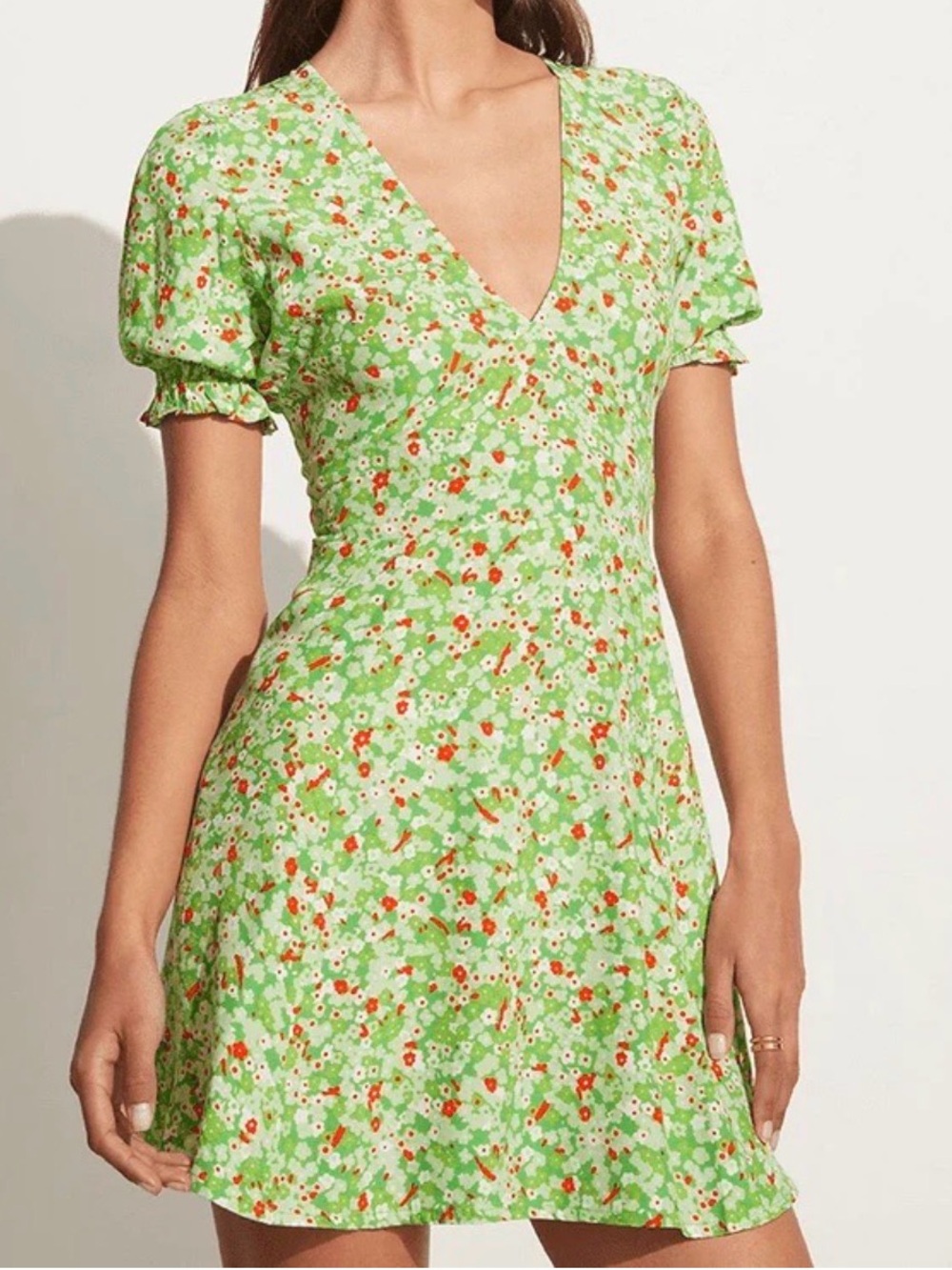 Faithfull the Brand Green Orange White Floral Puff Sleeve Mini Dress Size 4